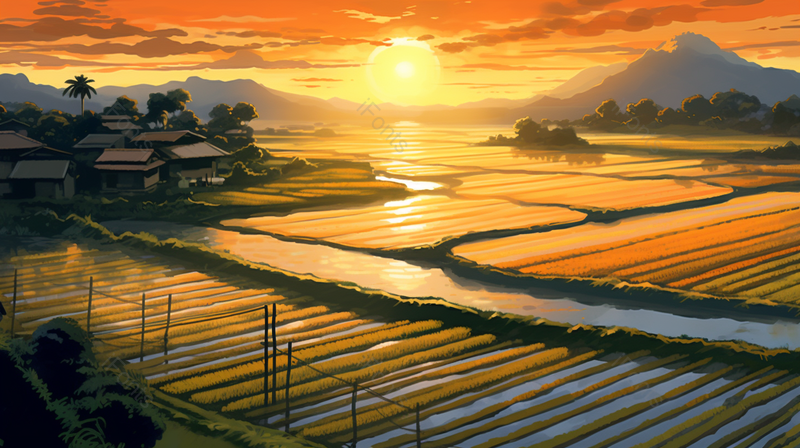 黄色渐变天空村庄山川稻田手绘插画,插画/手绘图,插画/手绘图库,插画/手绘图下载,插画/手绘
